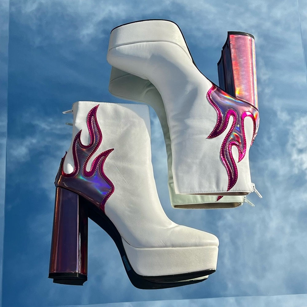 Public Desire White and Pink Platform Holographic Flame Boots